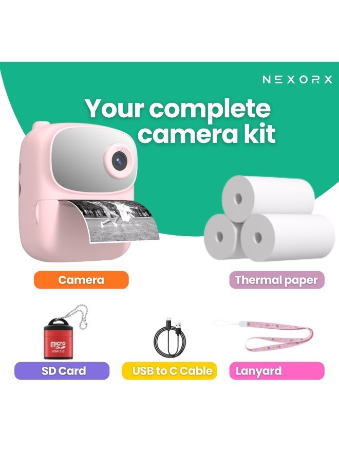 NEXORX Kids Camera with Instant Print – Dual HD Lens, 2.4" IPS Screen, 500x Thermal Printing, 1080P Video, Fun Filters & Frames, Built-in Games, MP3, 800mAh Rechargeable Battery, Includes 57mm Ink-Free Print Rolls Pink - Image 4